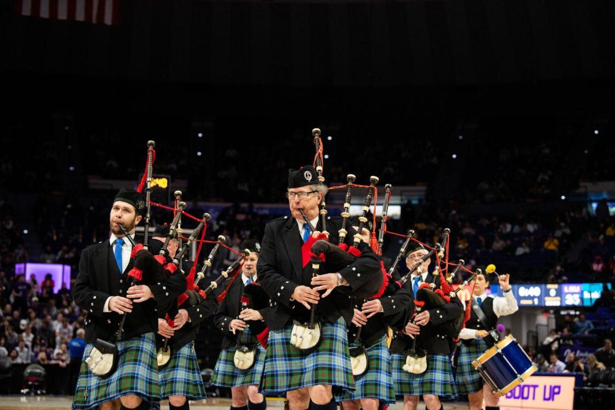 The Baton Rouge Caledonian Pipes and Drums perform during halftime at an LSU men&#8217;s basketball game on Wednesday, Jan. 17, 2024, in the Pete Maravich Assembly Center in Baton Rouge, La.