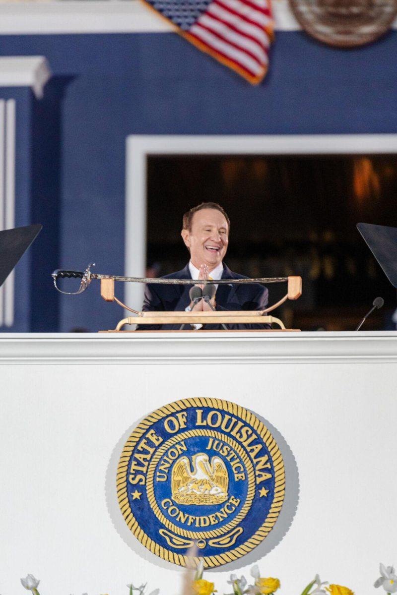 Gov.-elect Jeff Landry speaks Sunday, Jan. 7, 2024, on the Capitol steps during his inauguration ceremony the day prior to officially becoming governor in Baton Rouge, La.