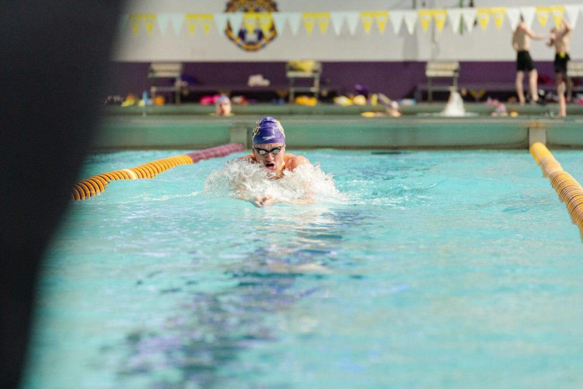 LSU swimming breaststroke/individual medley senior Mitch Mason competes in 100 yard breaststroke the Saturday, Jan. 20, 2024, during LSU's meet against Texas A&amp;M at the LSU Natatorium in Baton Rouge, La.