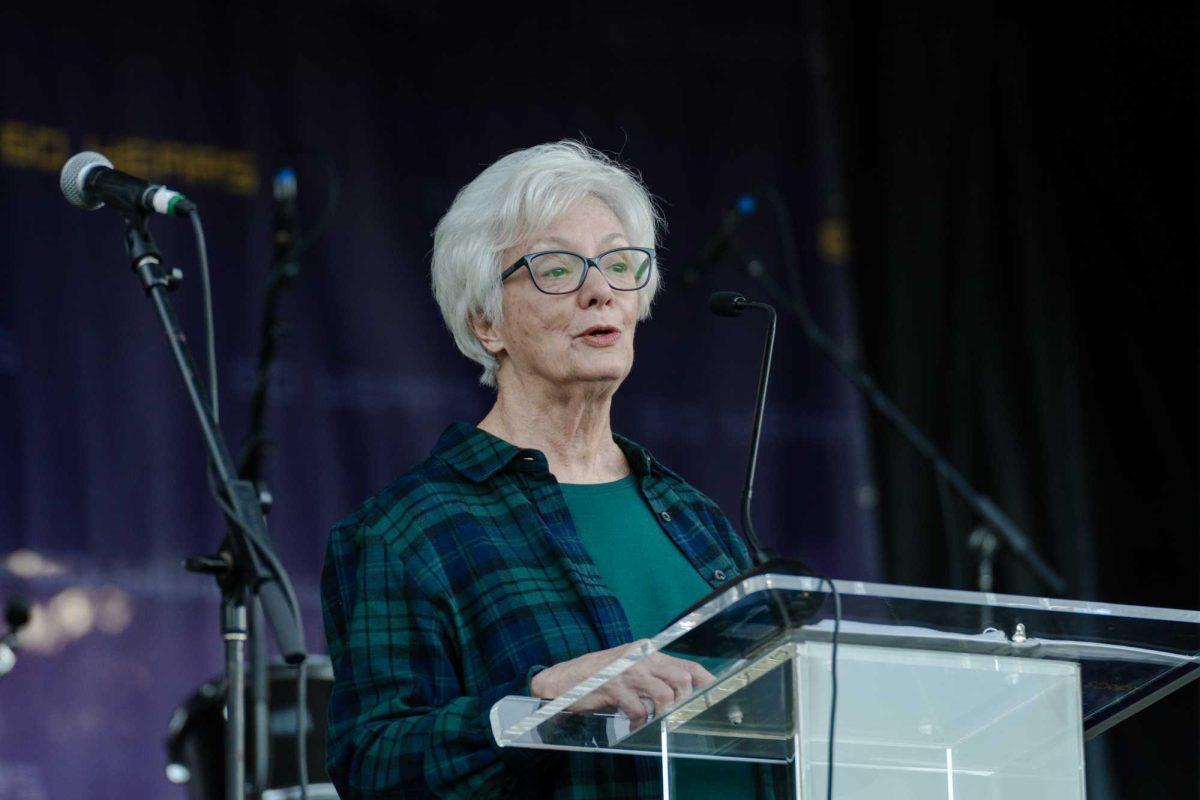 Former Union director Shirley Plakidas speaks about the history of the Student Union Wednesday, Jan. 31, 2024, on the Parade Ground on LSU's campus in Baton Rouge, La.