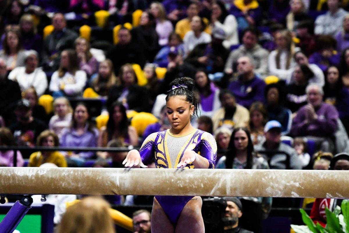 LSU gymnastics all-around freshman Konnor McClain competes on the balance beam Friday, Jan. 19, 2024, during LSU&#8217;s 198.125-197.600 win against Kentucky in the Pete Maravich Assembly Center in Baton Rouge, La.