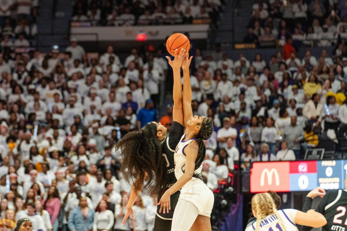 LSU women&#8217;s basketball junior forward Angel Reese (10) goes up for the ball Thursday, Jan. 25, 2024, during LSU&#8217;s 76-70 loss against South Carolina in the Pete Maravich Assembly Center in Baton Rouge, La.