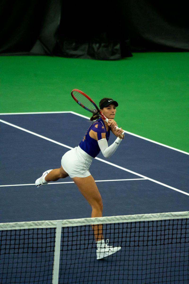 LSU women's tennis graduate student Aran Teixido Garcia hits a volley during her 6-2 doubles win against LA Tech Saturday, Jan. 20, 2024, at the LSU Tennis Complex on Gourrier Avenue in Baton Rouge, La.