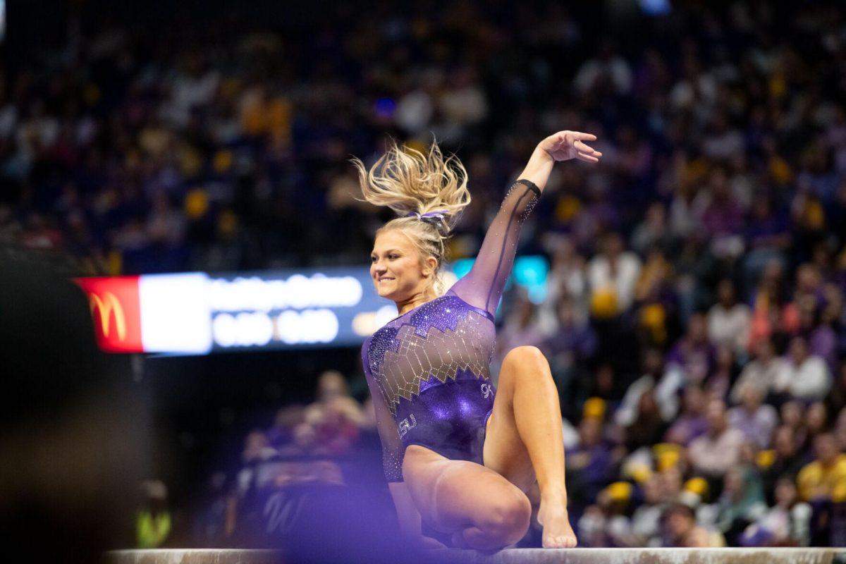 LSU gymnastics vault/balance beam/floor exercise graduate student Sierra Ballard poses Friday, Jan. 5, 2024, during LSU&#8217;s 196.975-196.775 victory over Ohio State in the Pete Maravich Assembly Center in Baton Rouge, La.