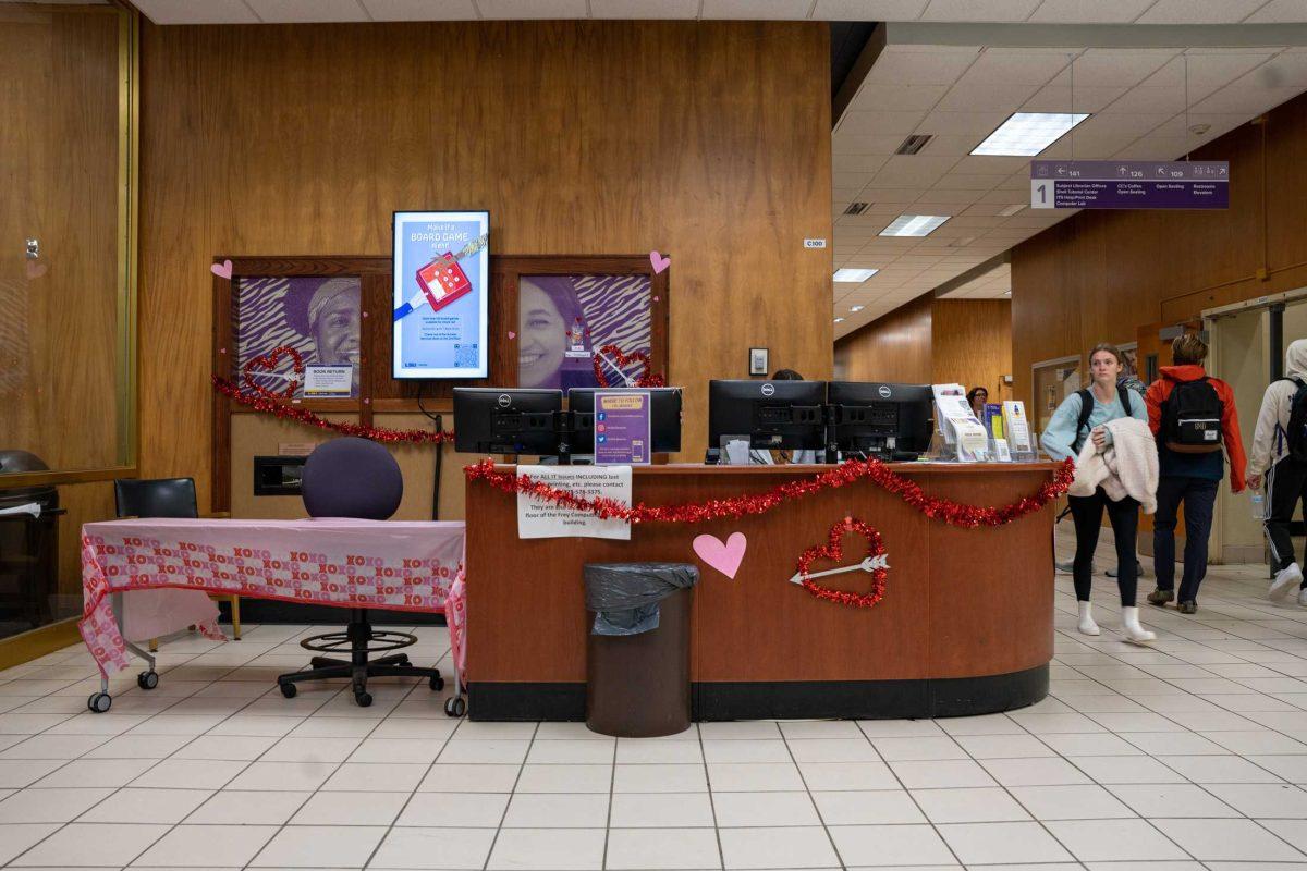 The LSU Library reception desk sits Thursday, Jan. 25, 2024 at the LSU Library on Tower Drive in Baton Rouge, La.