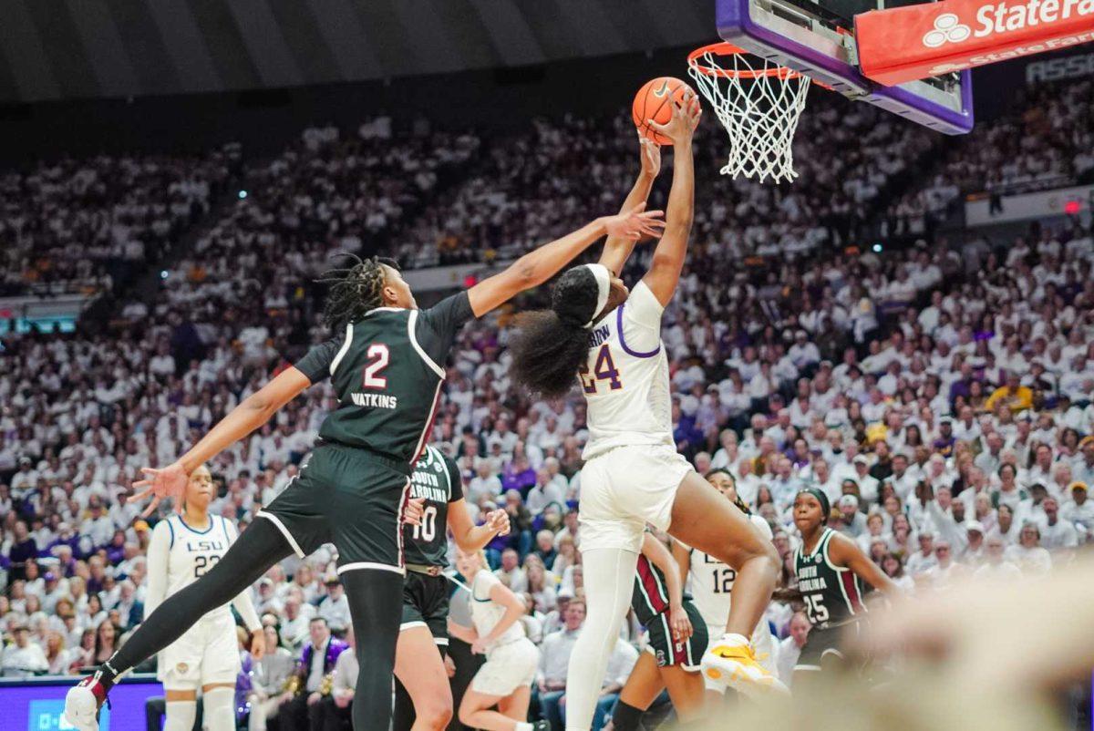 <p>LSU women’s basketball junior guard Aneesah Morrow (24) goes up for the basket Thursday, Jan. 25, 2024, during LSU’s 76-70 loss against South Carolina in the Pete Maravich Assembly Center in Baton Rouge, La.</p>