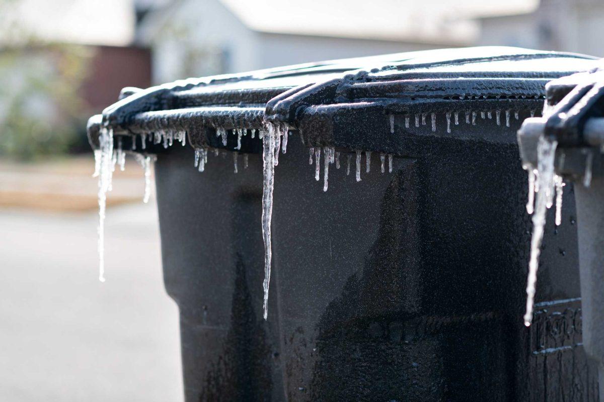 Large icicles form on garbage can handles Tuesday, Jan. 16, 2024, during a freeze in Baton Rouge, La.