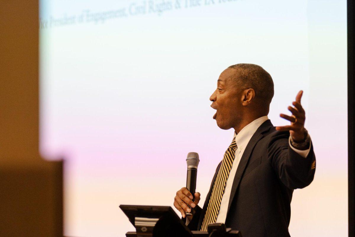 LSU President William F. Tate IV discusses the change of wording from "inclusion" to "engagement" in the Division of Engagement, Civil Rights and Title IX Wednesday, Jan. 24, 2024, at a Faculty Senate meeting inside the Woods Auditorium on LSU's campus in Baton Rouge, La.