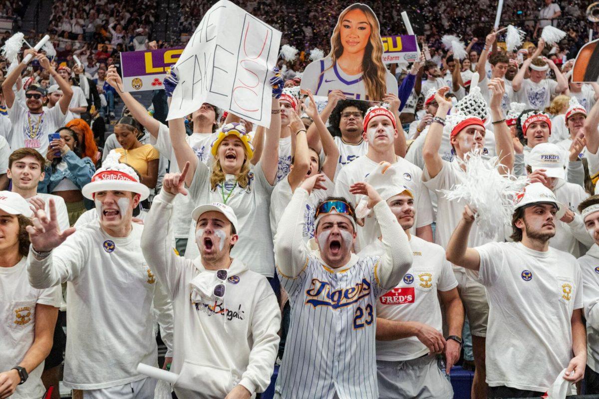 The LSU student section screams Thursday, Jan. 25, 2024, prior to LSU&#8217;s 76-70 loss against South Carolina in the Pete Maravich Assembly Center in Baton Rouge, La.