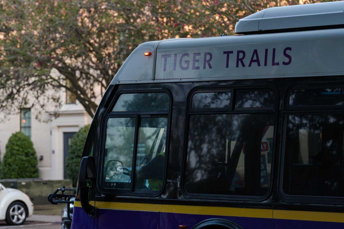 An LSU bus drives down the street on Friday, Aug. 18, 2023, on South Stadium Drive in Baton Rouge, La.