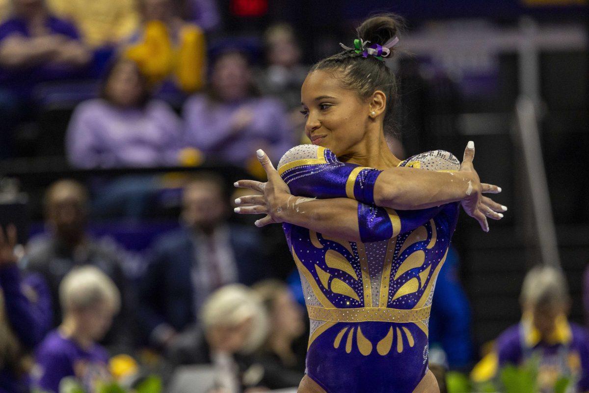 LSU gymnastics senior all-around Haleigh Bryant Friday, Jan. 19, 2024, during LSU&#8216;s 198.125 - 197.600 victory over the University of Kentucky in the Pete Maravich Assembly Center.