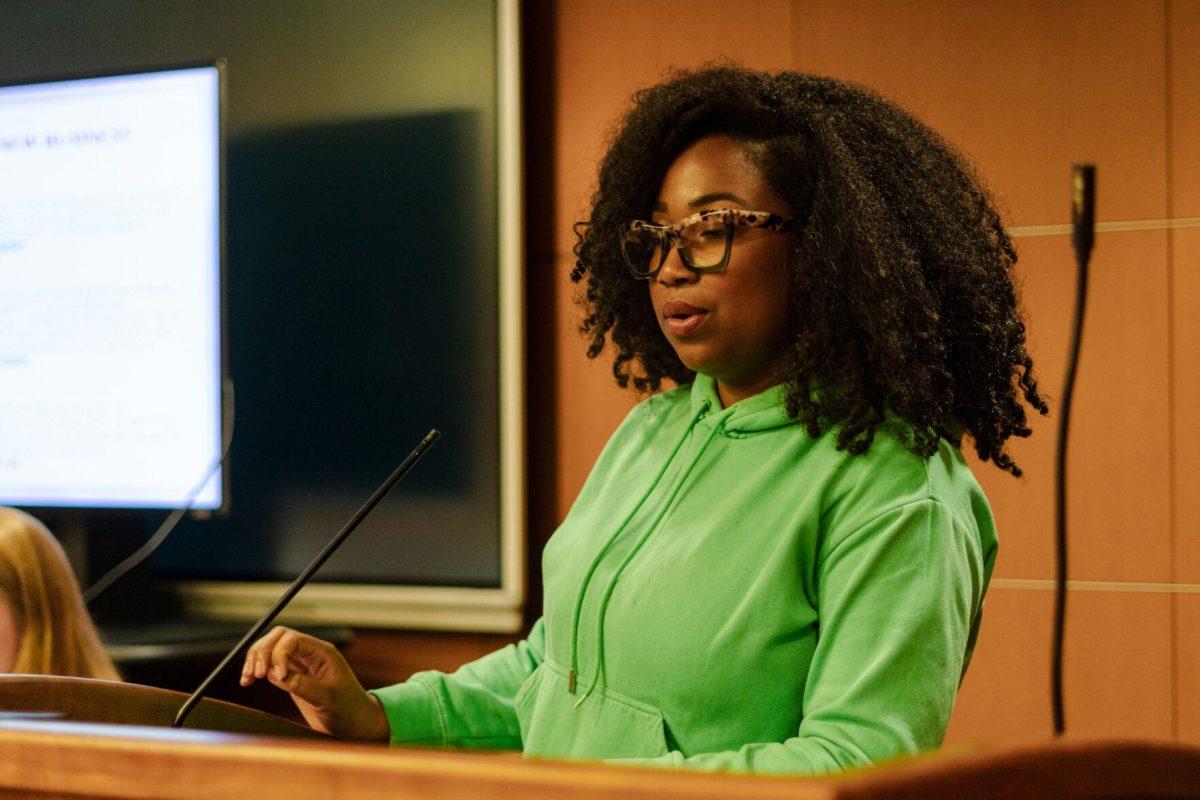 Student Senator Chloe Berry speaks about her DEI resolution on Wednesday, Jan. 31, 2024, in the LSU Student Union in Baton Rouge, La.