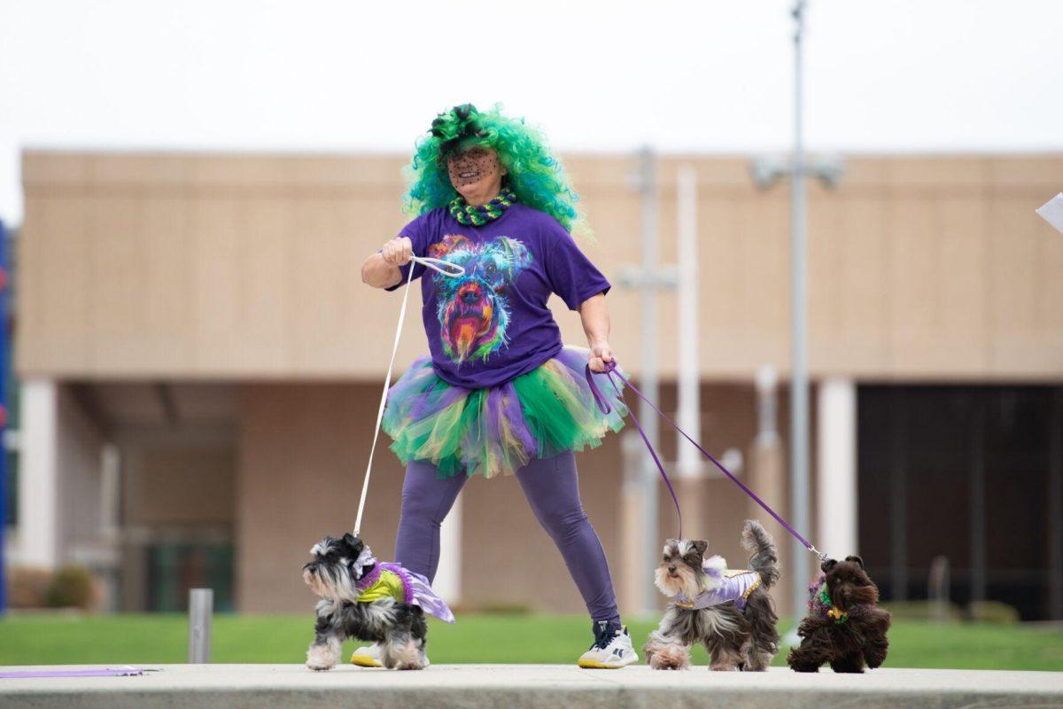 A woman walks across stage with her three mini-schnauzers Sunday, Jan. 28, 2024, during CAAWS' Mystic Krewe of Mutts costume contest in downtown Baton Rouge, La.