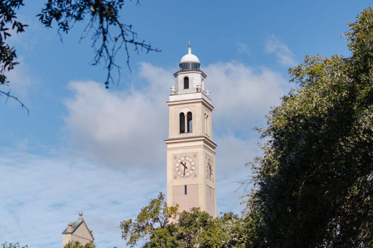 Memorial Tower climbs into the sky Tuesday, Jan. 16, 2024, on LSU's campus in Baton Rouge, La.