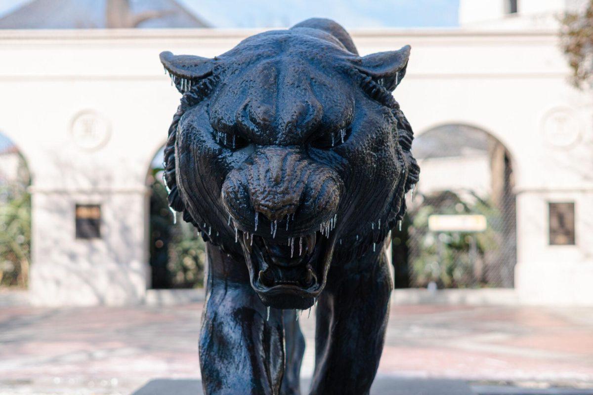 Ice covers a Mike the Tiger statue Tuesday, Jan. 16, 2024, on LSU's campus in Baton Rouge, La.