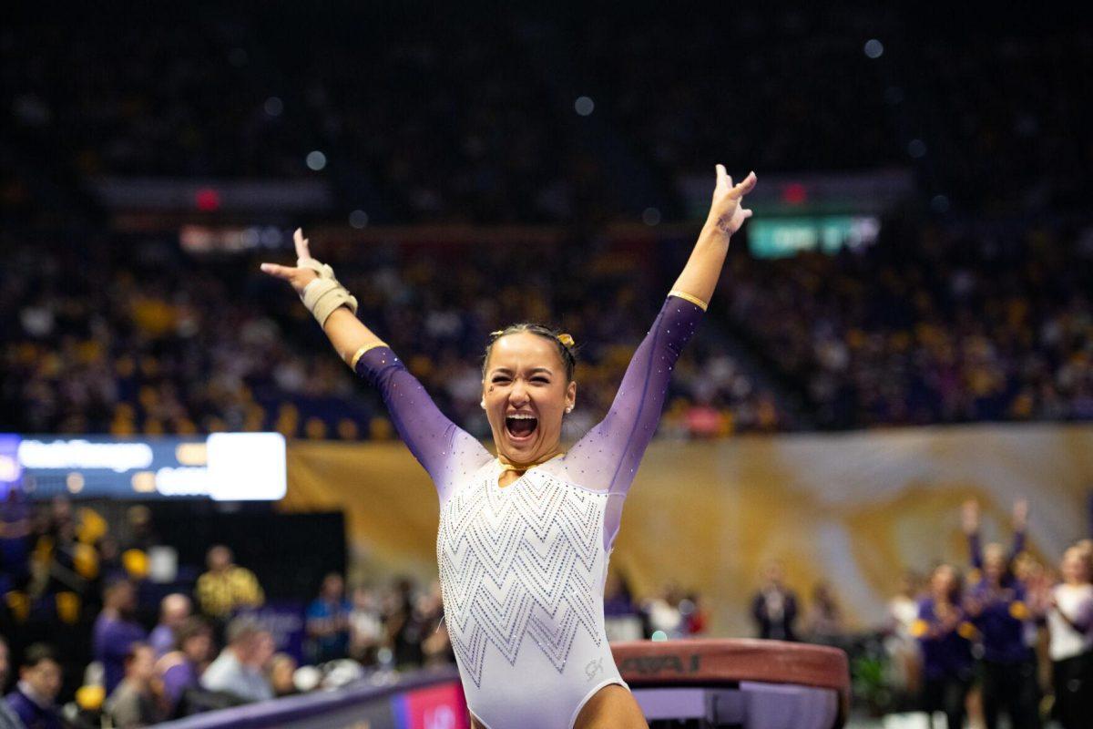 LSU gymnastics all-around junior Aleah Finnegan celebrates her vault Friday, Feb. 2, 2024, during LSU&#8217;s 198.475-196.200 win against Arkansas at the Pete Maravich Assembly Center in Baton Rouge, La.