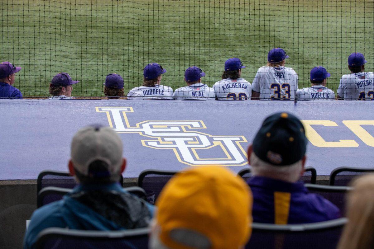 The letters on the dugout spell out "LSU" during LSU's 11-8 win against VMI on Friday, Feb. 16, 2024, at Alex Box Stadium in Baton Rouge, La.