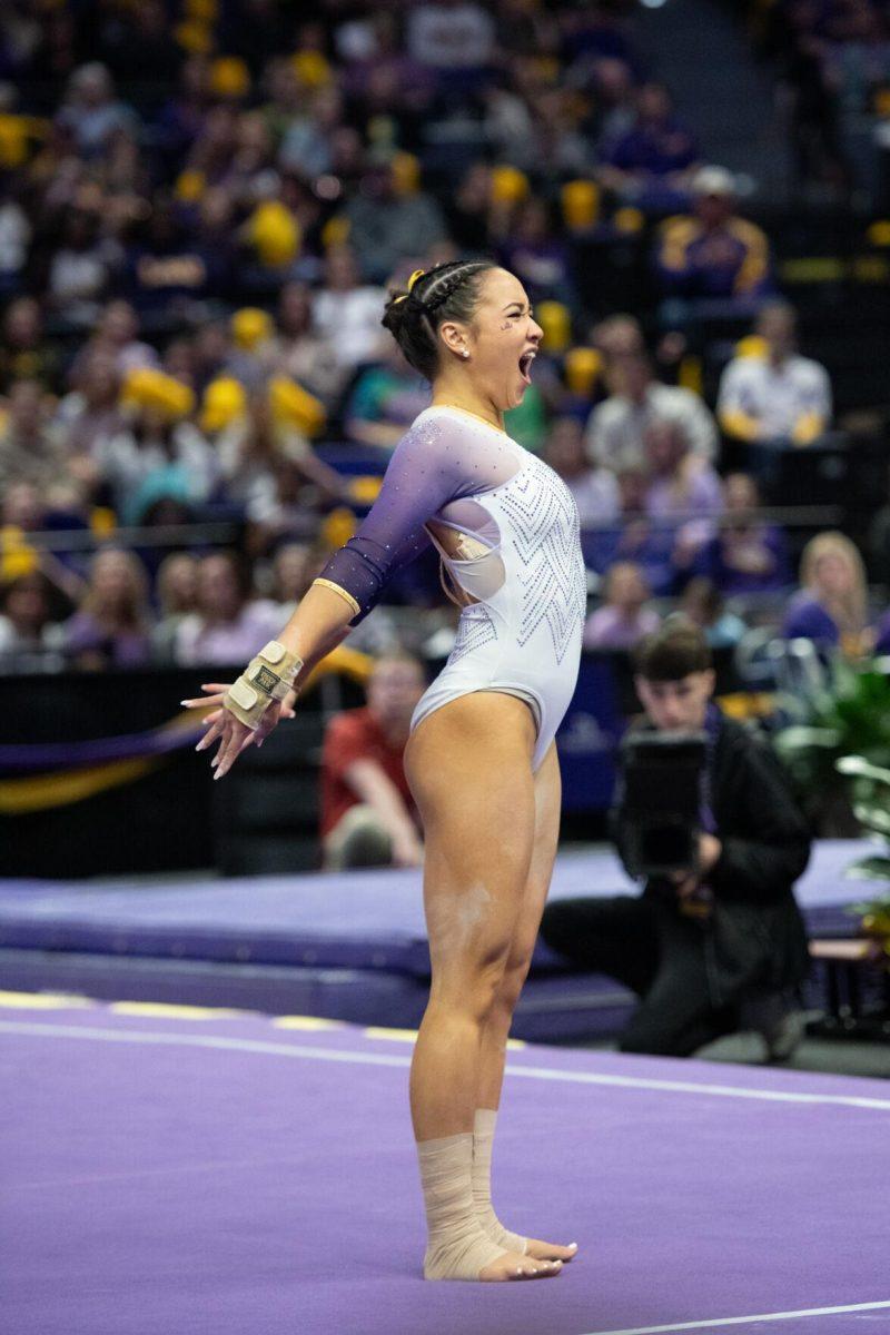 LSU gymnastics all-around junior Aleah Finnegan lands a stunt Friday, Feb. 2, 2024, during LSU&#8217;s 198.475-196.200 win against Arkansas at the Pete Maravich Assembly Center in Baton Rouge, La.