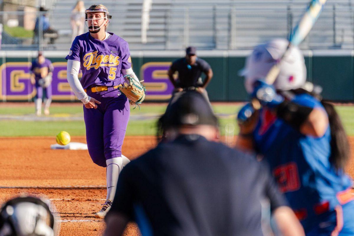 LSU softball sophomore pitcher Emma Strood (5) throws the ball Friday, Feb. 23, 2024, during LSU&#8217;s 8-5 win over Boise State at Tiger Park in Baton Rouge, La.