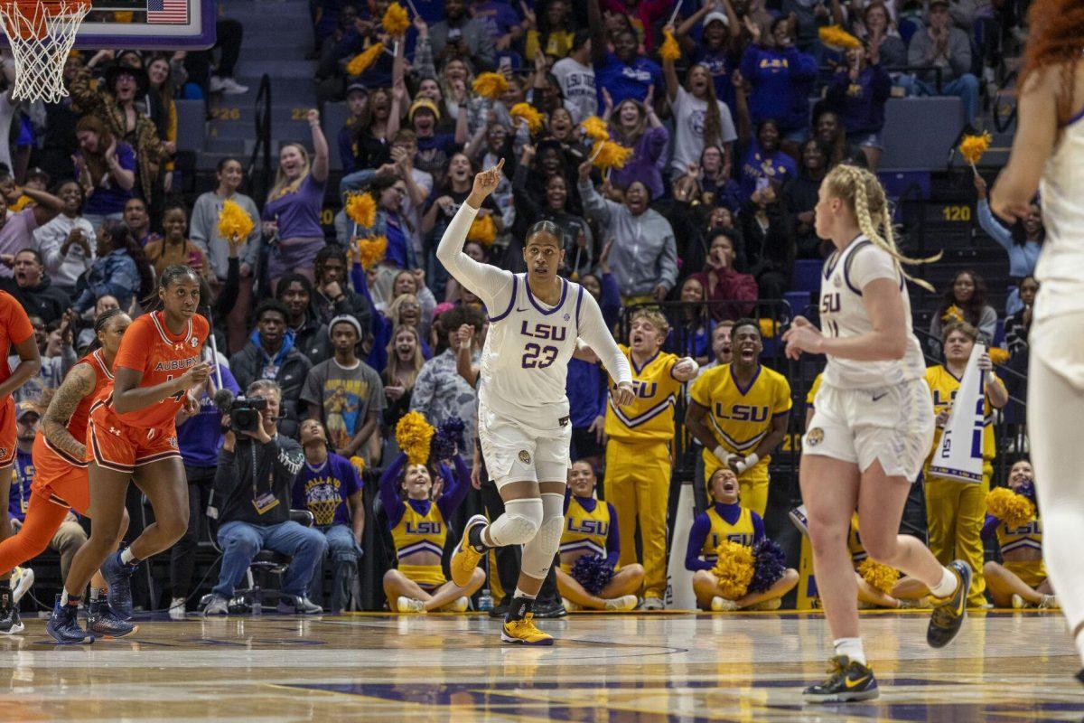 LSU women's basketball freshman center Aalyah Del Rosario (23) celebrates a score Thursday, Feb. 22, 2024, during LSU's 71-66 win over Auburn Pete Maravich Assembly Center in Baton Rouge, La.