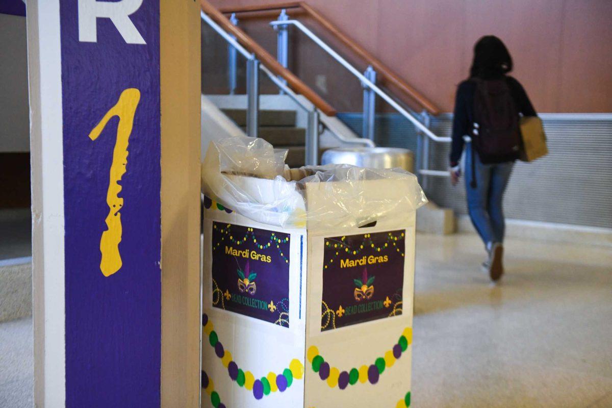 A donation box for Mardi Gras beads sits on the first floor of the LSU Student Union Tuesday, Feb. 20, 2024, in Baton Rouge, La.