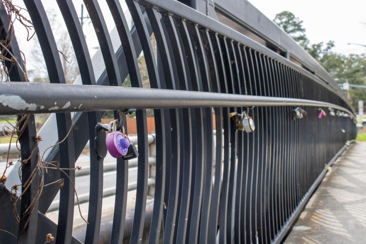 Locks line the bridge on Thursday, Feb. 8, 2024, at Milford Wampold Memorial Park on Standford Ave. in Baton Rouge, La.