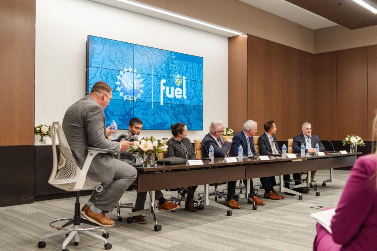 The panel sits at the front of the room Tuesday, Feb. 27, 2024, at the LSU Foundation building in Baton Rouge, La.