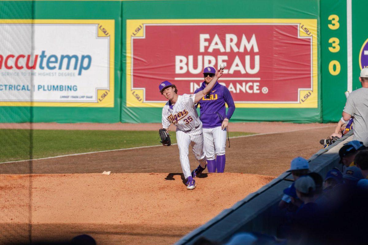 LSU baseball sophomore pitcher Griffin Herring (35) warms up Friday, Feb. 23, 2024, during LSU&#8217;s 5-2 loss against Stony Brook at Alex Box Stadium in Baton Rouge, La.