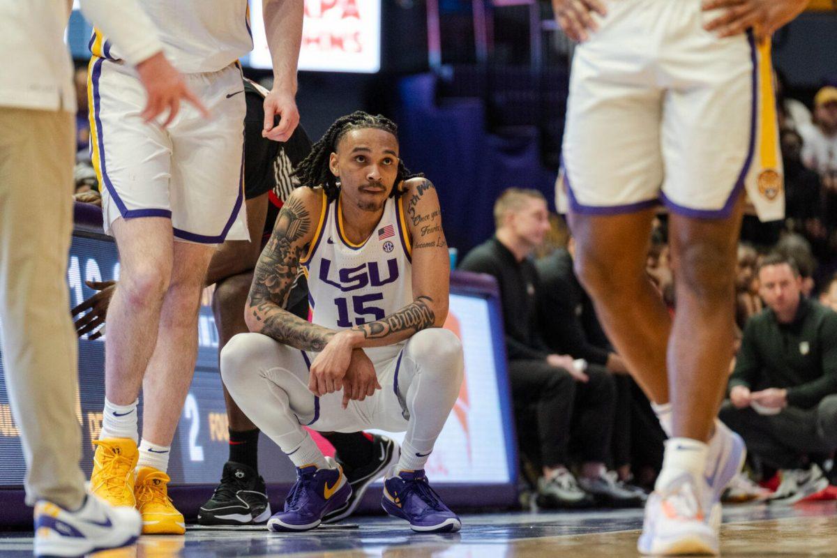 LSU men&#8217;s basketball sophomore forward Tyrell Ward (15) waits to be substituted in Tuesday, Feb. 27, 2024, during LSU&#8217;s 67-66 win against Georgia in the Pete Maravich Assembly Center in Baton Rouge, La.