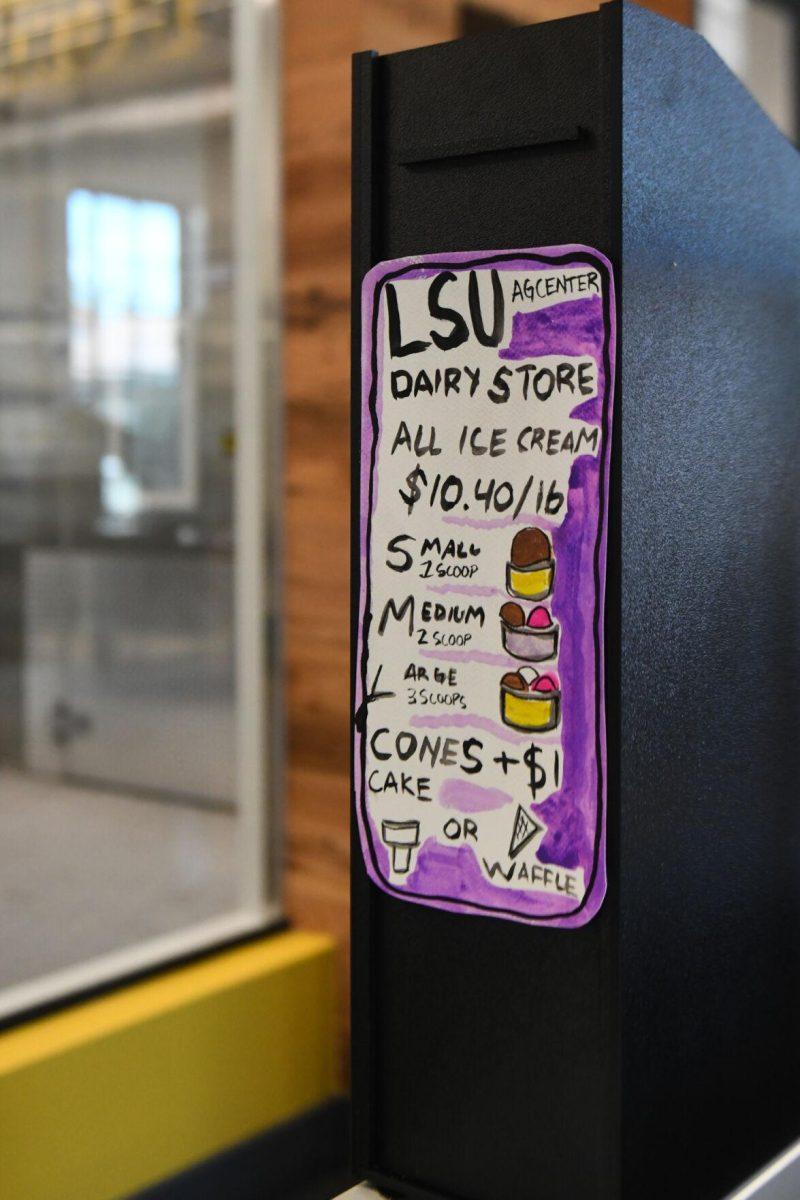 A small sign shows the menu at the new Dairy Store location Tuesday, Feb. 20, 2024, on S. Campus Dr. on LSU&#8217;s campus in Baton Rouge, La.