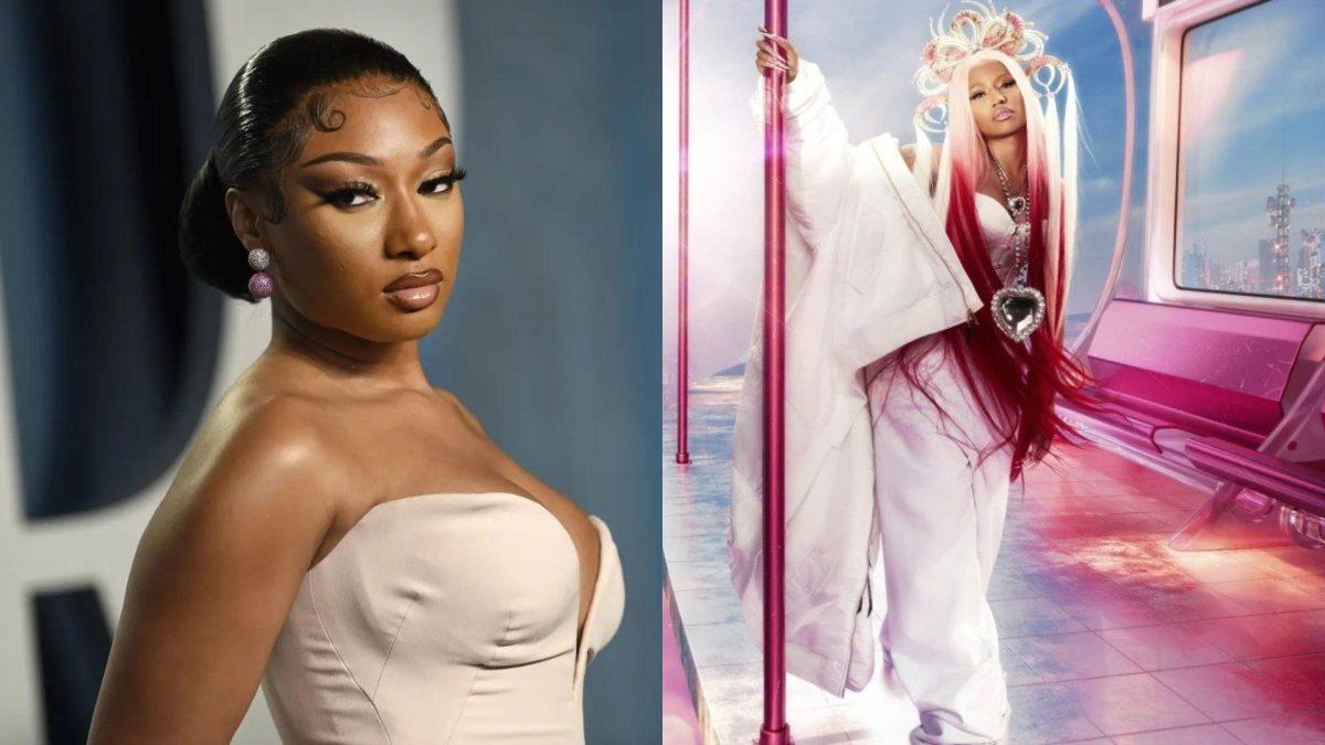 Left-Megan Thee Stallion arrives at the Vanity Fair Oscar Party, March 27, 2022Right-The cover image released by Money/Republic Records shows "Pink Friday 2" by Nicki Minaj