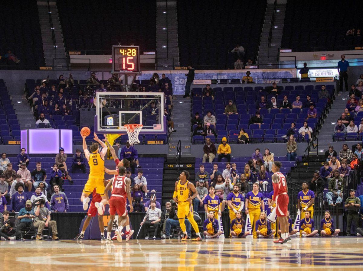 LSU men's Basketball graduate student forward Will Baker (9) jumps to shoot the ball on Saturday, Feb. 3, 2024, during LSU's 94-74 win against Arkansas in the Pete Maravich Assembly Center in Baton Rouge, La.