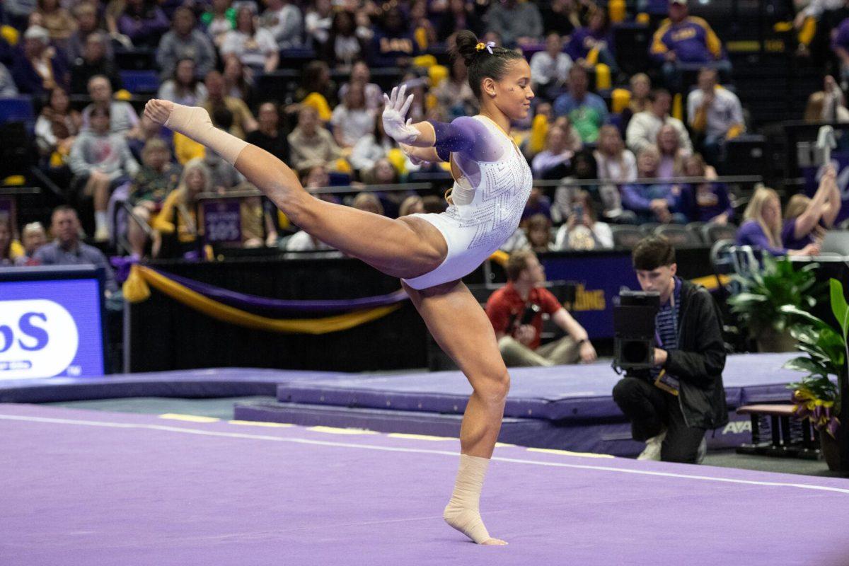 LSU gymnastics all-around senior Haleigh Bryant performs her floor exercise Friday, Feb. 2, 2024, during LSU&#8217;s 198.475-196.200 win against Arkansas at the Pete Maravich Assembly Center in Baton Rouge, La.