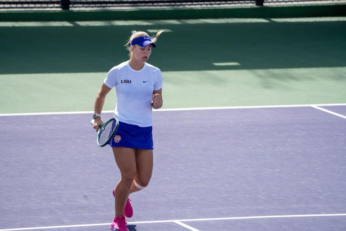 LSU women's tennis junior Anita Sahdiieva pumps her fist during her unfinished 6-3, 4-6, 0-1 match against Rice Sunday, Feb. 4, 2023 at the LSU Tennis Complex on Gourrier Avenue in Baton Rouge, La.