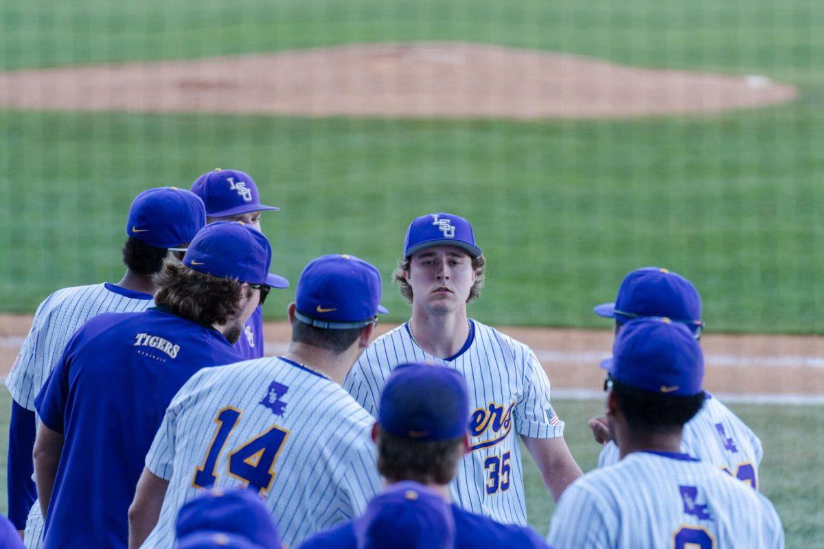 LSU baseball sophomore pitcher Griffin Herring (35) walks toward the dugout Friday, Feb. 23, 2024, during LSU&#8217;s 5-2 loss against Stony Brook at Alex Box Stadium in Baton Rouge, La.