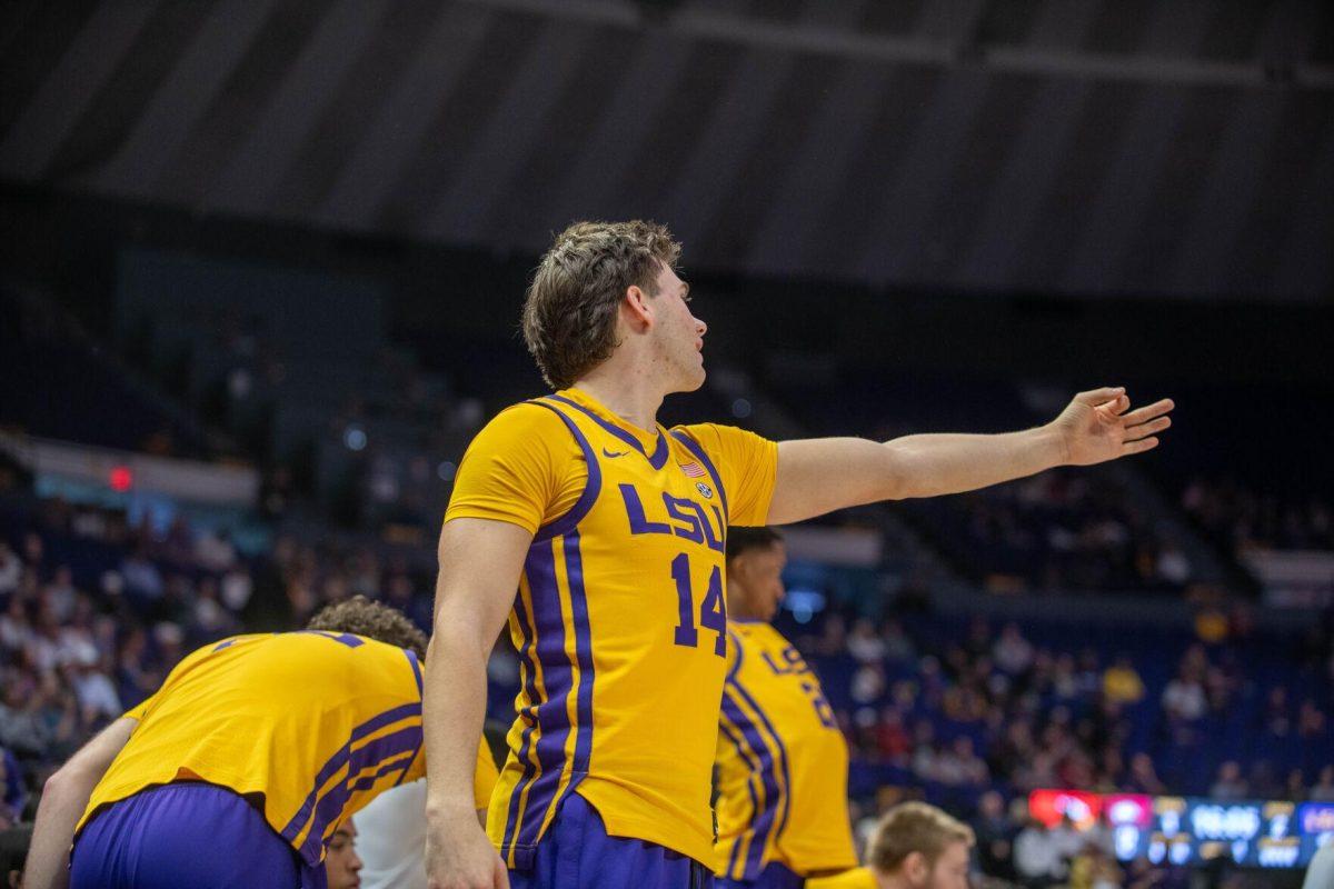 LSU men's basketball redshirt junior guard Trace Young (14) cheers on his fellow teammate on Saturday, Feb. 3, 2024, during LSU's 94-74 win against Arkansas in the Pete Maravich Assembly Center in Baton Rouge, La.