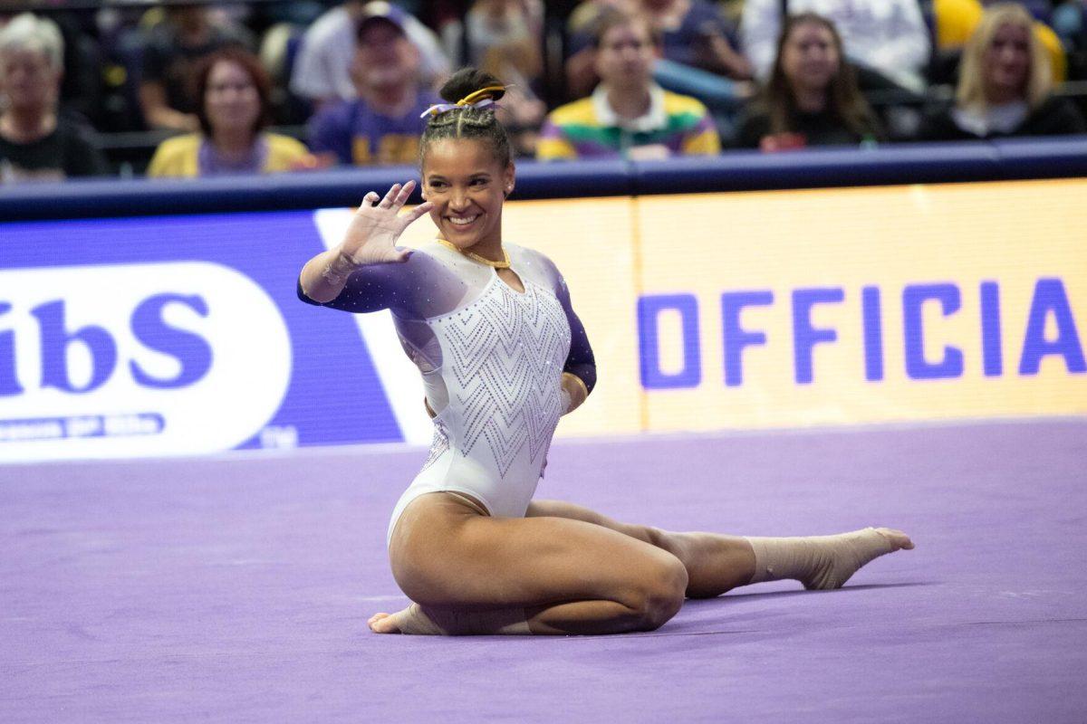 LSU gymnastics all-around senior Haleigh Bryant poses Friday, Feb. 2, 2024, during LSU&#8217;s 198.475-196.200 win against Arkansas at the Pete Maravich Assembly Center in Baton Rouge, La.