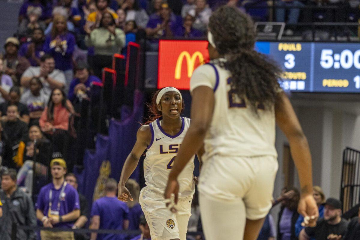 LSU women's basketball sophomore guard Flau'jae Johnson (4) celebrates a score Thursday, Feb. 22, 2024, during LSU's 71-66 win over Auburn Pete Maravich Assembly Center in Baton Rouge, La.