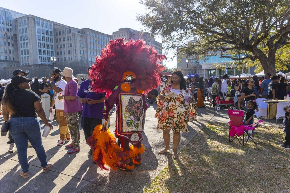 An event-goer wears a cultural costume Sunday, Feb. 25, 2024, during the second annual 225Fest 2024 at 660 N. Fourth St. in Baton Rouge, La.