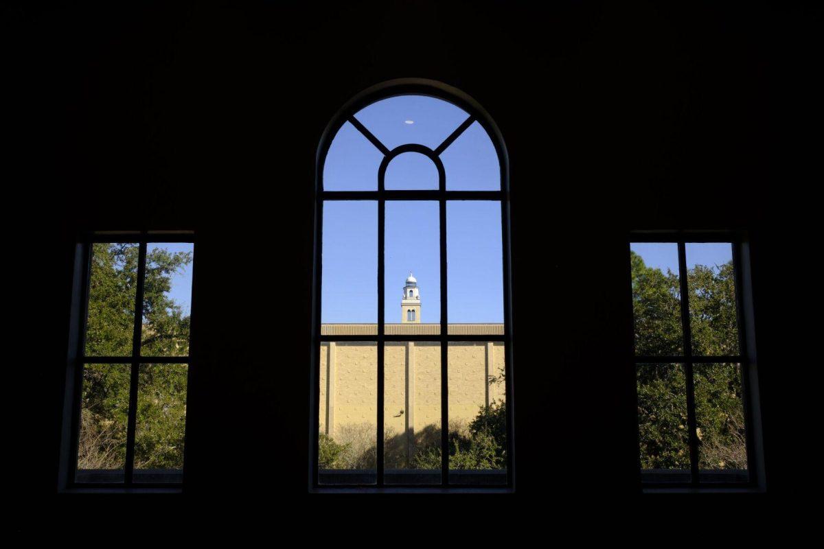 Memorial Tower, viewed through a window in Hill Memorial Library on Feb. 2, 2024, on LSU's campus in Baton Rouge, La.&#160;