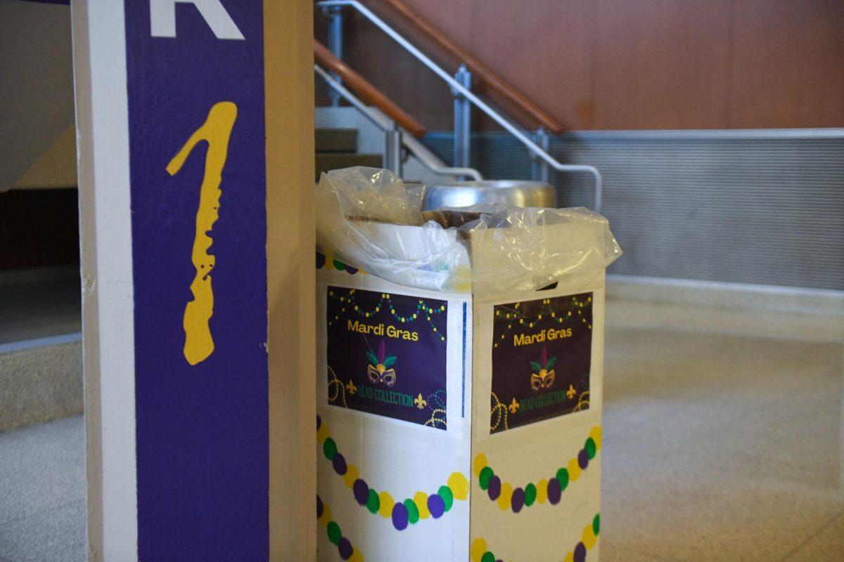 A donation box for Mardi Gras beads sits on the first floor of the LSU Student Union Tuesday, Feb. 20, 2024, in Baton Rouge, La.