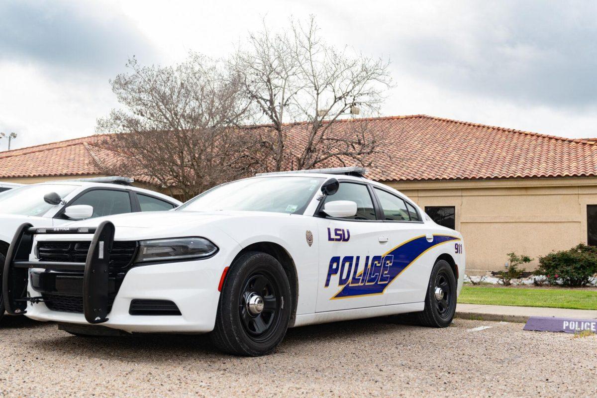 An LSU Police car idles Wednesday, Feb. 28, 2024, at the LSU Police Department off of South Stadium Drive in Baton Rouge, La.