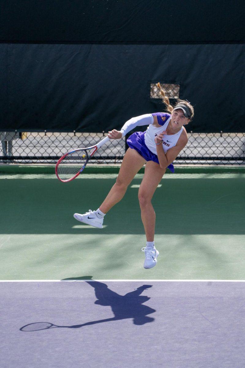 LSU women's tennis graduate student Aran Texido Garcia hits a backhand during her 6-3, 6-1 singles win against Rice Sunday, Feb. 4, 2023 at the LSU Tennis Complex on Gourrier Avenue in Baton Rouge, La.