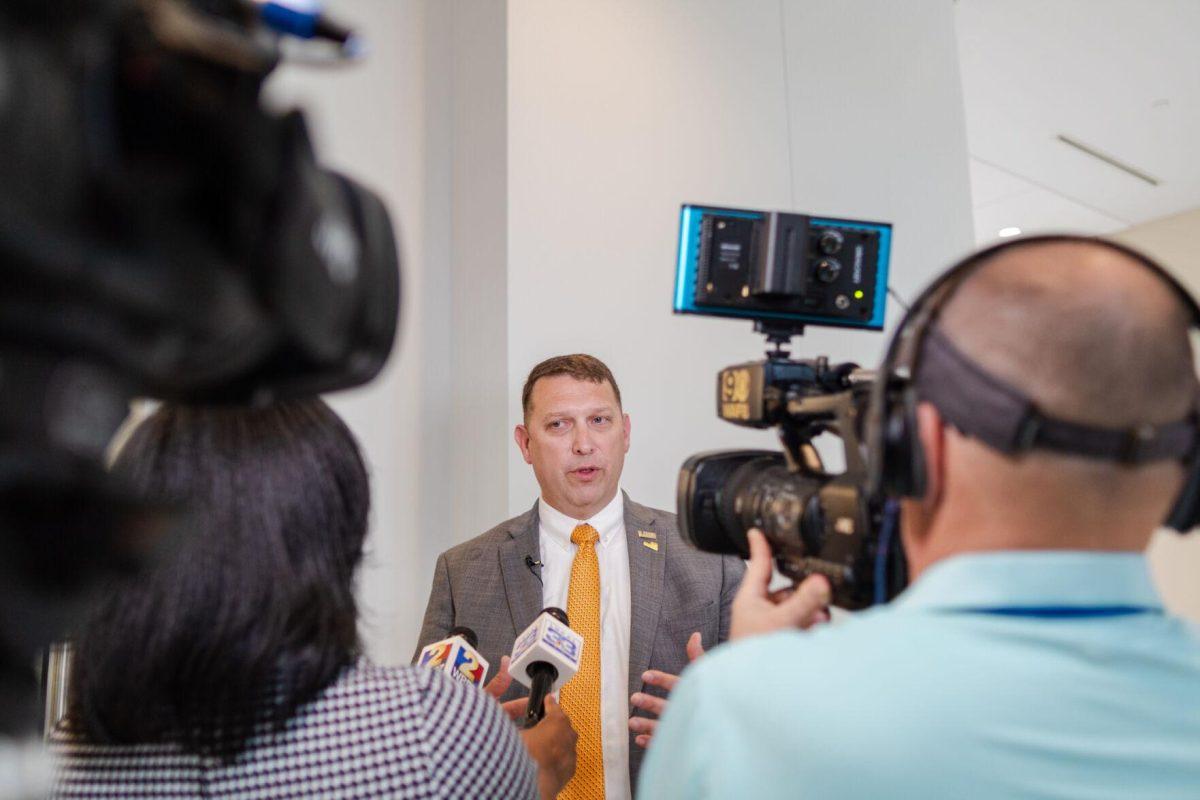 Andrew Maas answers questions about the NSF Engines grant Tuesday, Feb. 27, 2024, at the LSU Foundation building in Baton Rouge, La.