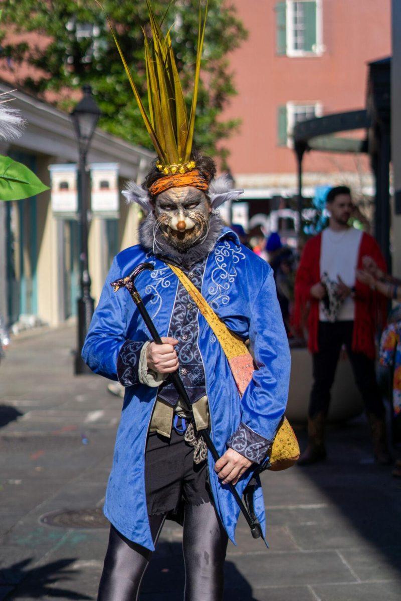 A regal rat poses Tuesday, Feb. 13, 2024, on Bourbon Street in New Orleans, La.