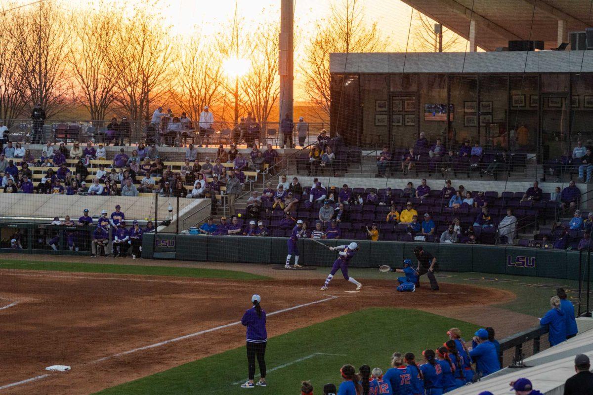 <p>The sun sets Friday, Feb. 23, 2024, during LSU’s 8-5 win over Boise State at Tiger Park in Baton Rouge, La.</p>