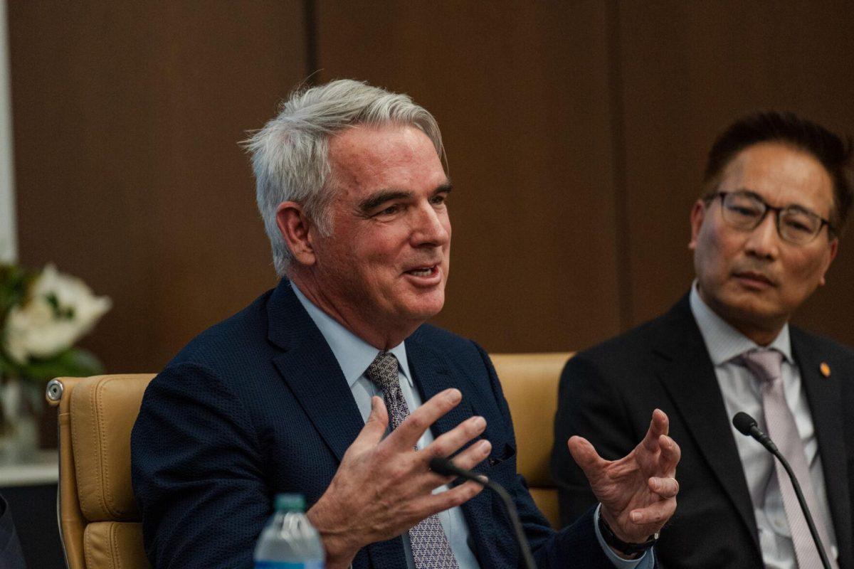 ExxonMobil Vice President, Policy Development Erik Oswald speaks Tuesday, Feb. 27, 2024, at the LSU Foundation building in Baton Rouge, La.