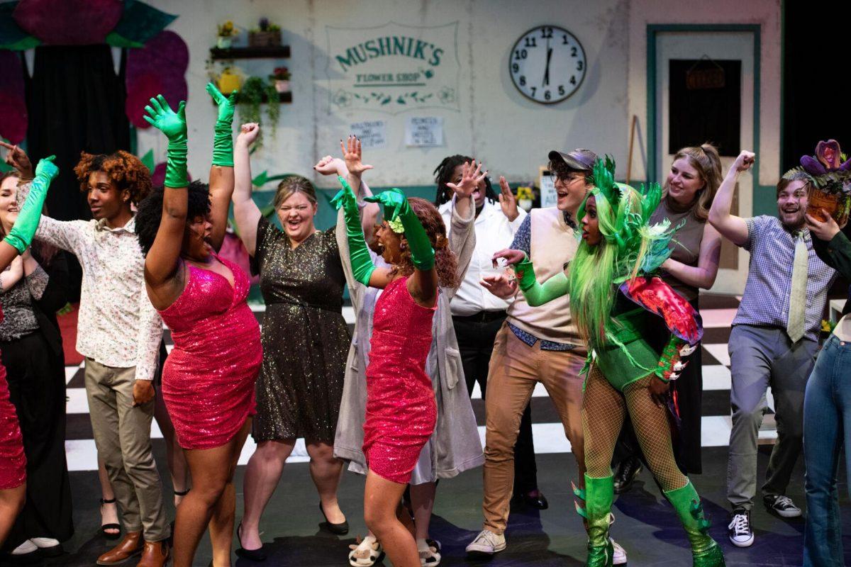 The cast dances Thursday, Feb. 1, 2024, at the end of LSU Musical Theatre Club's performance of "Little Shop of Horrors" at the Reilly Theatre in Baton Rouge, La.