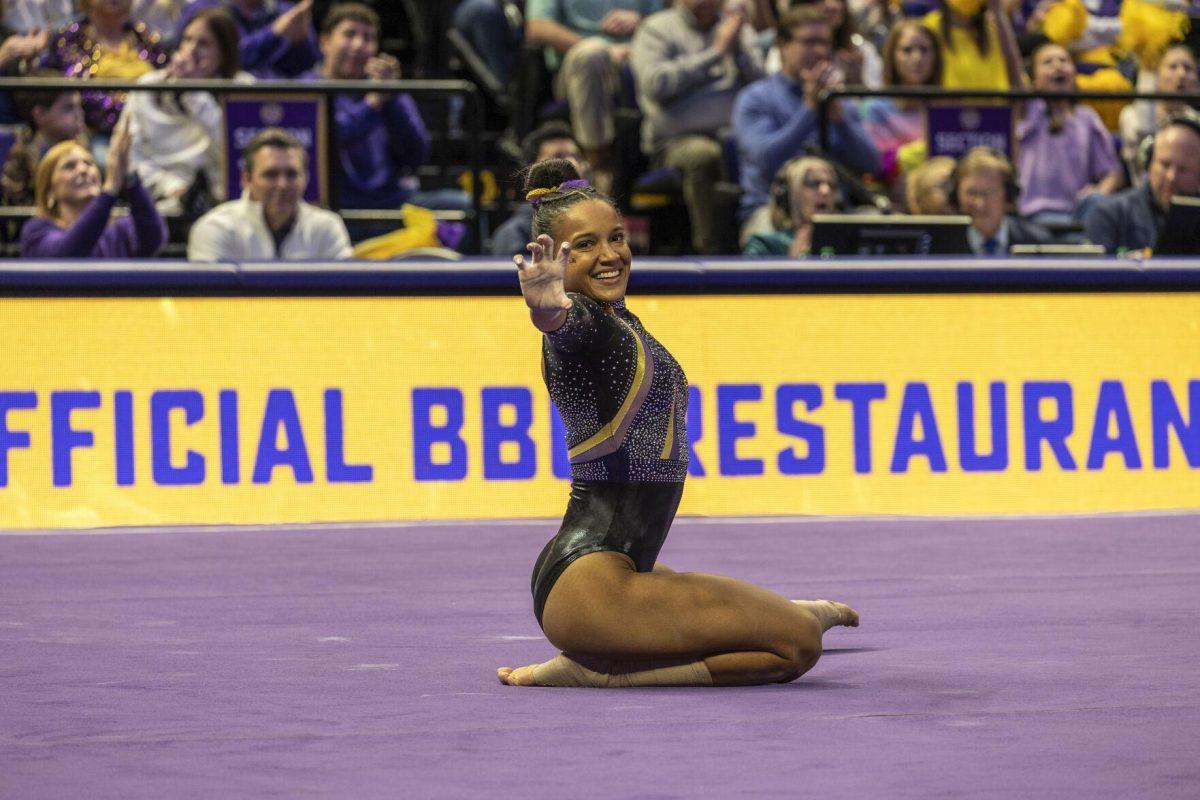 LSU gymnastics senior all-around Haleigh Bryant poses during her floor exercise Friday, Feb. 16, 2024, during LSU's win 198.300-197.10 against Auburn in the Pete Maravich Assembly Center.