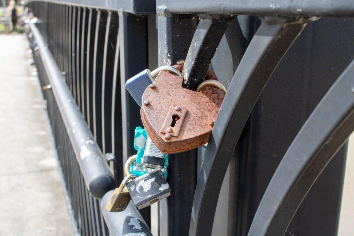 A chain of locks sit on the bridge's railing on Thursday, Feb. 8, 2024, at Milford Wampold Memorial Park on Standford Ave. in Baton Rouge, La.